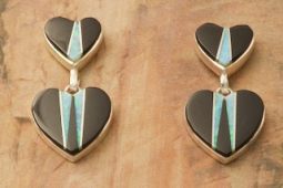 Calvin Begay Genuine Acoma Jet Sterling Silver Double Heart Earrings